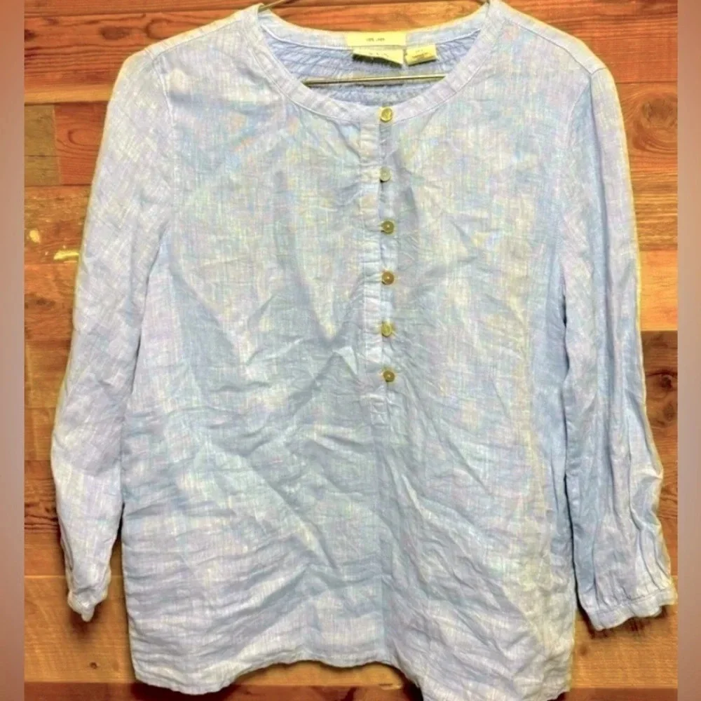 Nicole Miller 💯 Linen pop over blouse Peasant Bohemian light blue airy office S - Picture 2 of 4